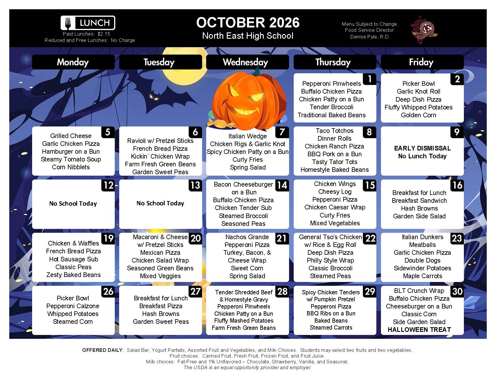 NEHS October Lunch Menu